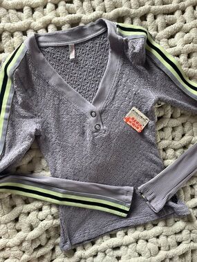 FP Movement by Free People Lavender Long Sleeve Henley with Lime & Black Stripes